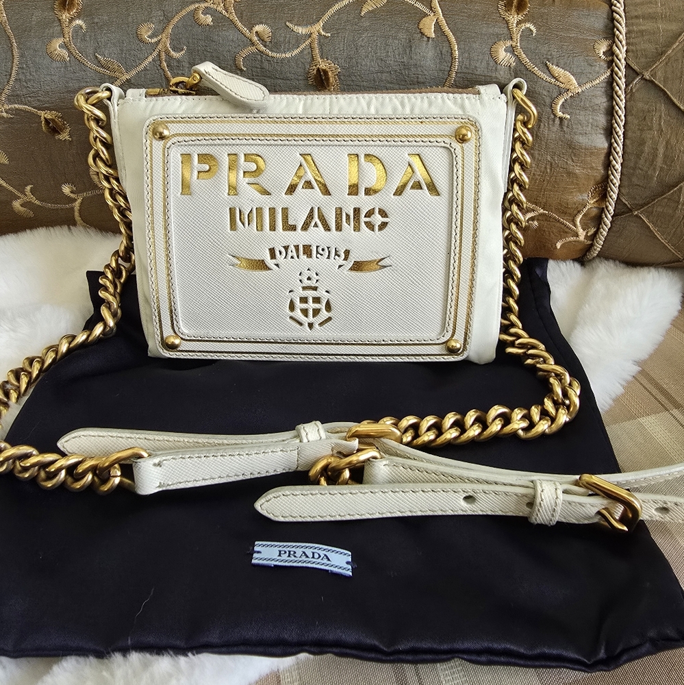 ❤️ Authenticated! Prada Bag Oro Chain Strap Tessuto Saffiano Milano